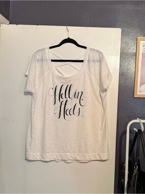Torrid White 'Hell in Heels' Short Sleeve Graphic Tee With a Criss-Cross Back